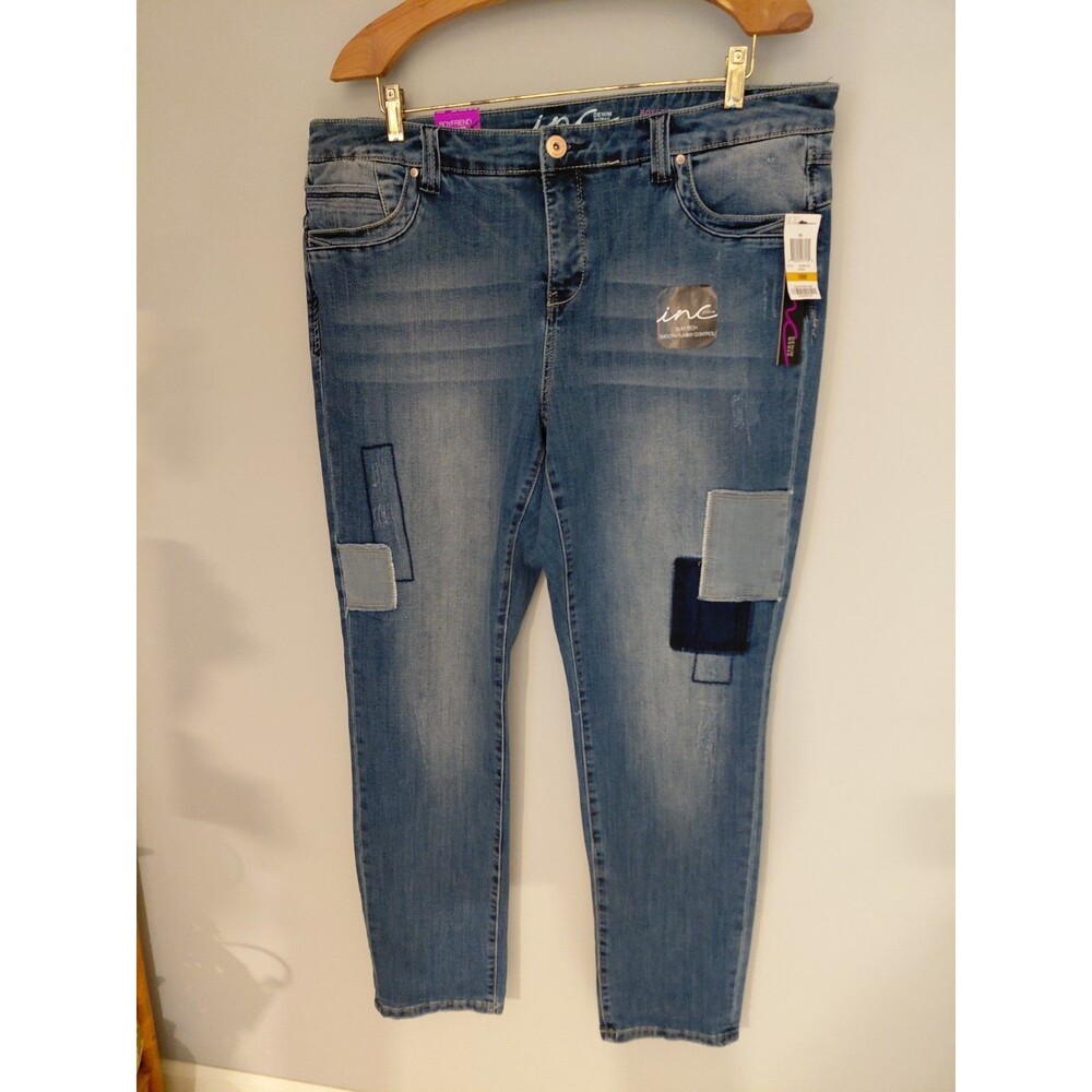 INC Denim Woman Jeans 16W Boyfriend Slim Tech Fit Patchwork Stretch NWT